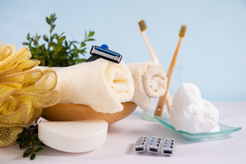 Accessories for hygiene and shaving. Facial care and accessories for men. The concept of sustainable lifestyle.