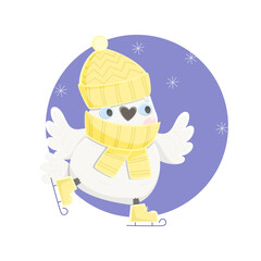 Cute cockatoo is skating. Cartoon parrot in kawaii style. Vector illustration.
