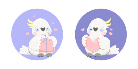 White cockatoo in cartoon style. One parrot is holding a gift, the other parrot is holding a symbolic heart. Bird vector illustration.