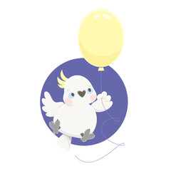 cute parrot flies holding on to a yellow balloon. Cartoon cockatoo kawaii style. Vector for design, banners, children's books and patterns.