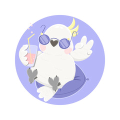 A white cartoon cockatoo sits in an inflatable circle and holds a glass with a cocktail. The bird is wearing sunglasses. Vector parrot.