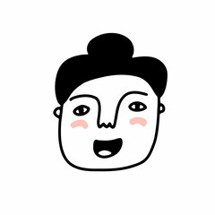 Doodle woman face. Hand-drawn outline human isolated on white background. Funny smiling Avatar. Cartoon girl. Female portrait. Beautiful hairstyle, bun, cheeks, positive emotions. Vector illustration