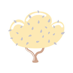 Hand drawn decorative yellow bush with blue leaves. Neutral color palette. Magic Bush. 
Childish illustration in flat cartoon style isolated on white background.