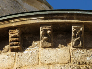 Romanesque church of Santa Maria Magdalena. (12 century). Detail of the cornice with beautiful...
