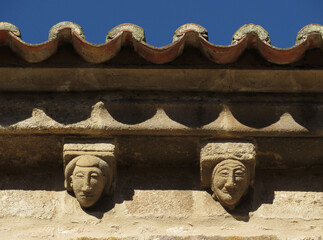 Romanesque church of Santa Maria Magdalena. (12 century). Detail of the cornice with beautiful...