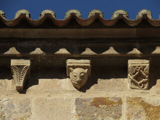 Romanesque church of Santa Maria Magdalena. (12 century). Detail of the cornice with beautiful...