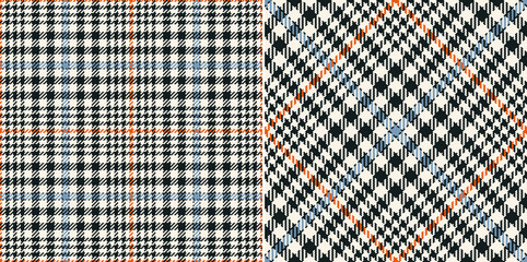 Tweed check plaid pattern in black, orange, blue, beige for spring autumn winter. Seamless tartan illustration set for scarf, dress, jacket, coat, skirt, blanket, other modern glen textile design. - obrazy, fototapety, plakaty