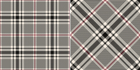 Tweed check plaid pattern in black, red, off white for spring autumn winter. Seamless tartan vector graphic set for scarf, dress, jacket, coat, skirt, blanket, other modern glen fashion design. - obrazy, fototapety, plakaty