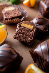 Chocolate slicd candy cakes with orange filling on brown background.