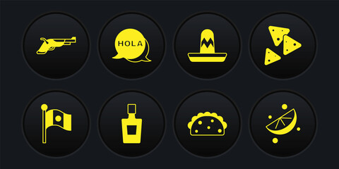 Set Mexico flag, Nachos, Tequila bottle, Taco with tortilla, Mexican sombrero, Hola, Sliced lime and Vintage pistols icon. Vector © vector_v