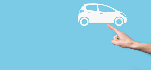 Digital composite of Man holding car icon.Car automobile insurance and car services concept....