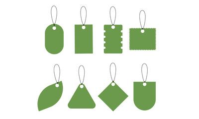 Set of green tags with string, vegetarian food. Shopping labels collection. Special offer price tags. Supermarket promotional labels. Green price tags set for eco food. isolated on the background.