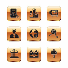 Set Mobile stock trading, Bank building, Burning dollar bill, Global economic crisis, Worker, Safe, Briefcase and Employee dismissal icon. Vector