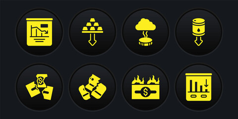 Set Tearing money banknote, Drop crude oil price, Credit card, Burning dollar bill, Storm, Gold bars, Pie chart infographic and icon. Vector