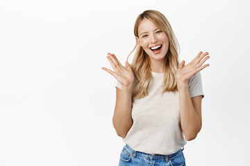 Women beauty and skin care. Beautiful woman smiling and laughing, has clean and glowing skin,...