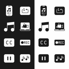 Set Online play video, Music note, tone, player, Repeat track music, Subtitles, Record button, and Pause icon. Vector