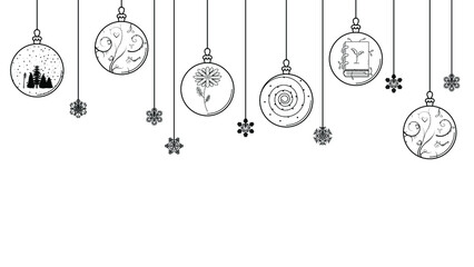 Black Doodle Outline Simple Line Abstract Merry Christmas Xmas Balls With Snowflakes Holiday Decorations Happy New Year Background Vector Design Style