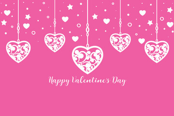 Valentine`s Day card, pink background with hanging hearts.