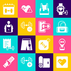 Set Heart rate, Location gym, Sport bag, Sweaty sleeveless t-shirt, Dumbbell, Bodybuilder, Calendar fitness and Fitness app icon. Vector