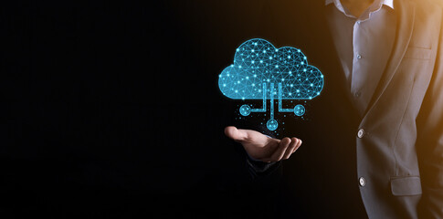 Cloud technology. Polygonal wireframe cloud storage sign with data collection icon on dark blue....