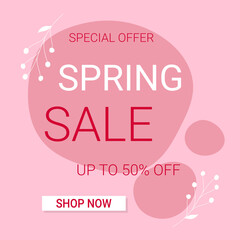 Spring sale square banner template. Discount text on pink abstract shapes and white branches