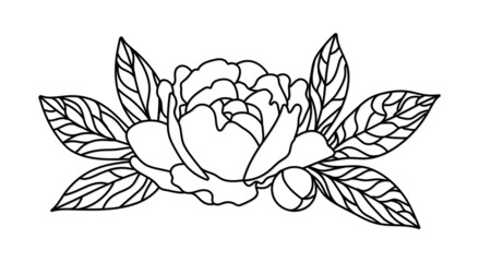 Peony with leaves Outline Wedding border Line Art