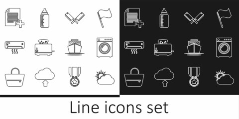 Set line Sun and cloud weather, Washer, Crossed meat chopper, Toaster with toasts, Air conditioner, Add new file, Ship and Baby bottle icon. Vector