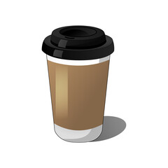 Realistic paper coffee cup with shadow on white background. Vector illustration of a take away coffee cup. 