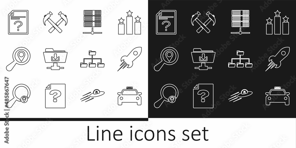 Poster set line taxi car, rocket ship with fire, server, data, web hosting, ftp folder download, search loc