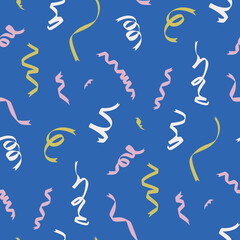 Seamless vector celebration pattern with confetti ribbons. Flying tinsel elements, serpentine streamers confetti falling party background.