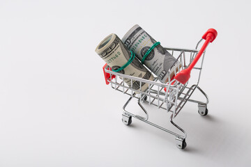 American banknotes in a metal grocery basket on a white background.