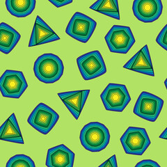 Vector seamless background. Blue-yellow-green squares, circles, triangles on a light green background.