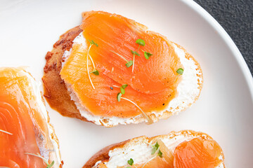 salmon sandwich smorrebrod open sandwich seafood fresh portion dietary healthy meal food diet still life snack on the table copy space food background rustic top view pescatarian diet