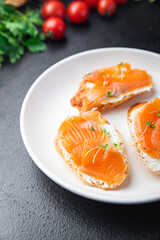 salmon sandwich smorrebrod open sandwich seafood fresh portion dietary healthy meal food diet still life snack on the table copy space food background rustic top view pescatarian diet