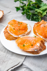 salmon sandwich smorrebrod open sandwich seafood fresh portion dietary healthy meal food diet still life snack on the table copy space food background rustic top view pescatarian diet