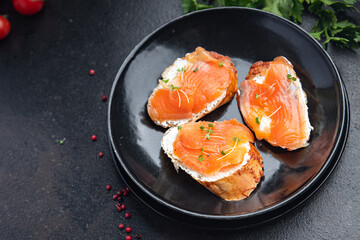 salmon sandwich smorrebrod open sandwich seafood fresh portion dietary healthy meal food diet still life snack on the table copy space food background rustic top view pescatarian diet