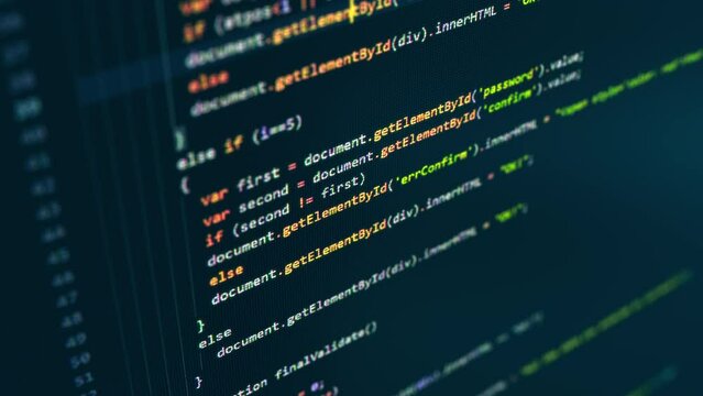 Close up of monitor screen with developing programming and coding technologies. Programmer or hacker is typing code on keyboard. Concept of bitcoin btc mining and development in virtual cyber space