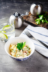 Dinner table with different dishes, set menu for nutritious healthy lunch in restaurant, business lunch