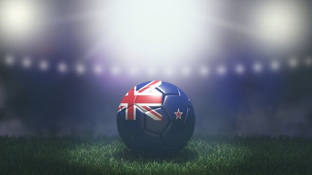 Soccer ball in flag colors on a bright blurred stadium background. New Zealand. 3D image