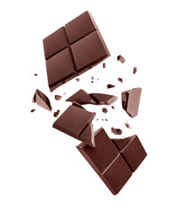 bar of dark chocolate broken into two halves in the air, isolated on a white background