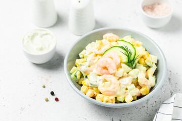 Lemon arugula corn shrimp salad. Copy space.