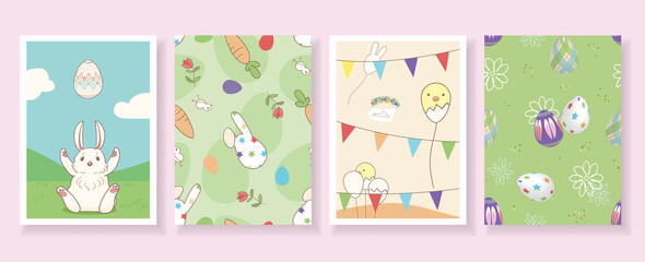 Happy Easter Day invitation vectors set with Eggs, Rabbits, Blossoms and Chics in wonderful greeting wall art design