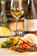 Blackened Mahi Mahi with Pineapple Salsa, Sticky Rice and Vegetables