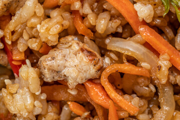 rice in teriyaki sauce close-up. korean food macro