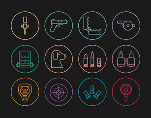 Set line Paw search, Binoculars, Trap hunting, Dog, Hiking backpack, Torch flame, Bullet and cartridge and Pistol gun icon. Vector