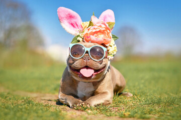 Funny Easter bunny French Bulldog dog dressed up with rabbit ears headband with flowers and...