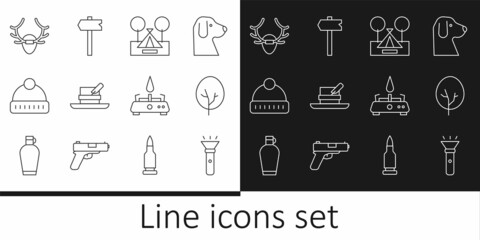 Set line Flashlight, Tree, Tourist tent, Hunter hat with feather, Winter, Deer antlers on shield, Camping gas stove and Road traffic sign icon. Vector