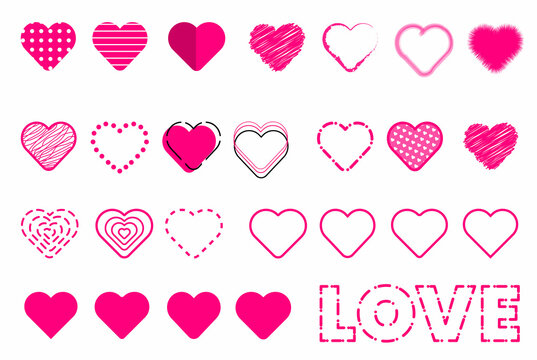 pink hearts set of different shapes with love text
