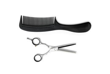 Black comb and scissors isolated on white background.
