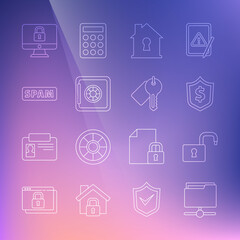 Set line FTP folder, Open padlock, Shield with dollar, House under protection, Safe, Spam, Lock computer monitor and Marked key icon. Vector